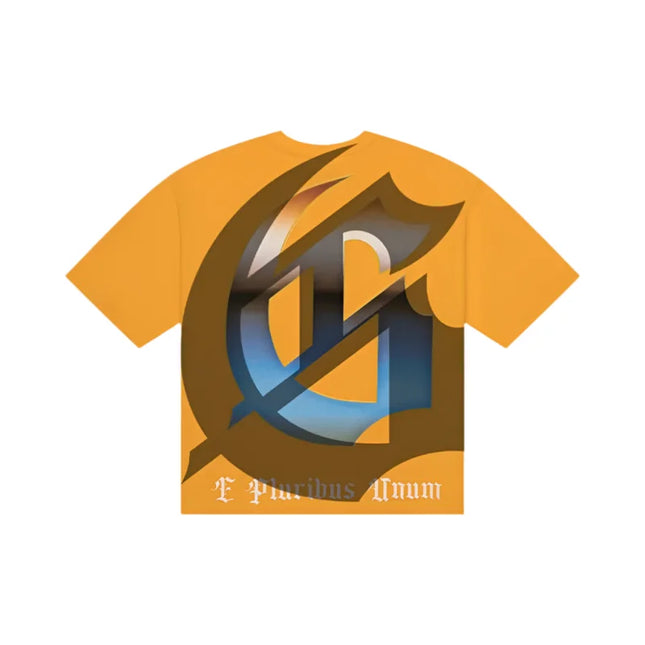 Orange Godspeed Sputnik T-shirt with stylized G design in 10oz mid-weight washed fabric