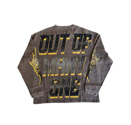 Dark gray 10oz mid-weight washed long-sleeve T-shirt with striking digital art and flame designs