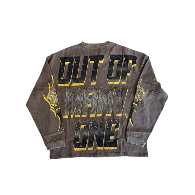 Dark gray 10oz mid-weight washed long-sleeve T-shirt with striking digital art and flame designs