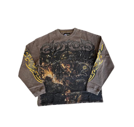 Distressed brown 10oz mid-weight washed long-sleeve t-shirt with striking digital art and yellow tribal sleeve designs