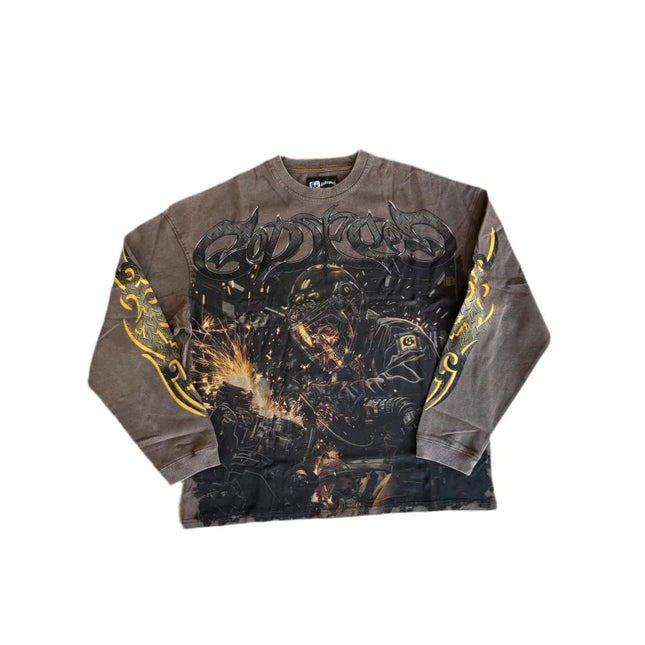 Distressed brown 10oz mid-weight washed long-sleeve t-shirt with striking digital art and yellow tribal sleeve designs