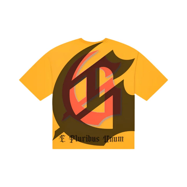 Yellow Godspeed Sunset BLVD T-shirt with striking art piece in 10oz mid-weight washed fabric