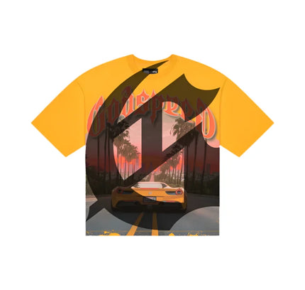 Orange Godspeed Sunset BLVD T-shirt with striking art piece of yellow car on palm-lined road