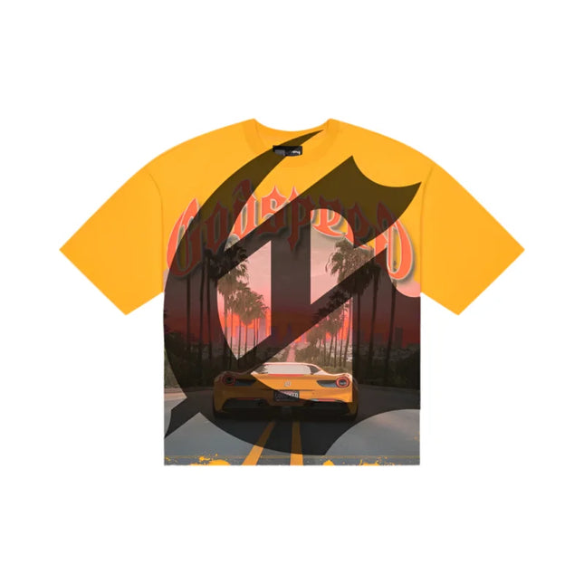 Orange Godspeed Sunset BLVD T-shirt with striking art piece of yellow car on palm-lined road
