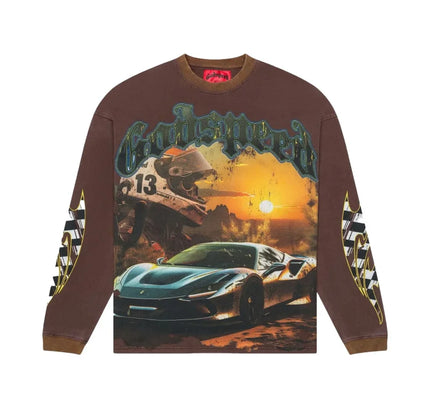 Brown long-sleeved graphic t-shirt with racing scene, perfect for Nike Dunk Jordan 4 fans