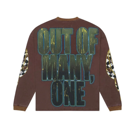Brown long-sleeved Godspeed Sunset Drift Tee with OUT OF MANY ONE graphic and checkered sleeve design