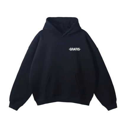 Black hoodie with crossed out GRATIS text, part of the Vie Gratis collection