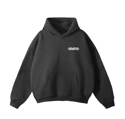 Black hoodie with GRATIS text, part of the vie gratis shadow collection