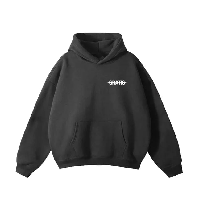 Black hoodie with GRATIS text, part of the vie gratis shadow collection