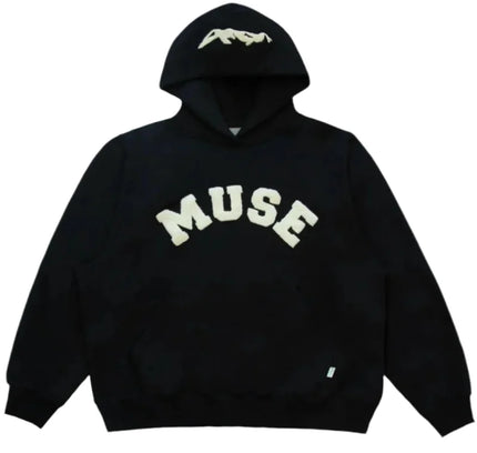 Black heavyweight chenille hoodie with MUSE text is a wardrobe essential