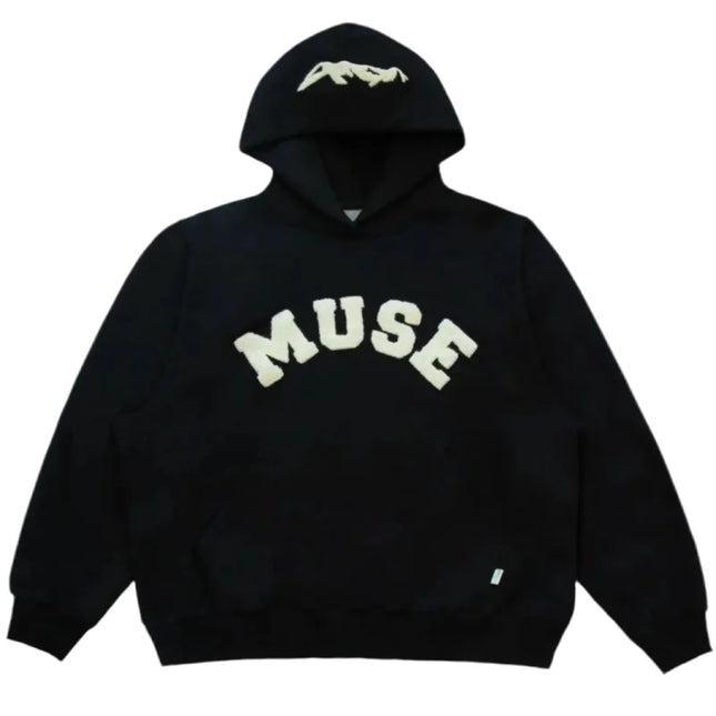 Black heavyweight chenille hoodie with MUSE text is a wardrobe essential