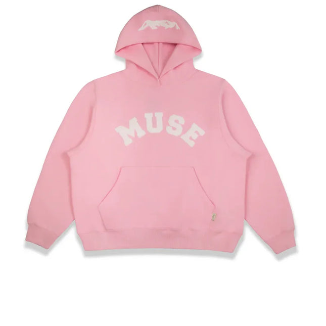 Pink heavyweight chenille hoodie with MUSE text in white, a wardrobe essential