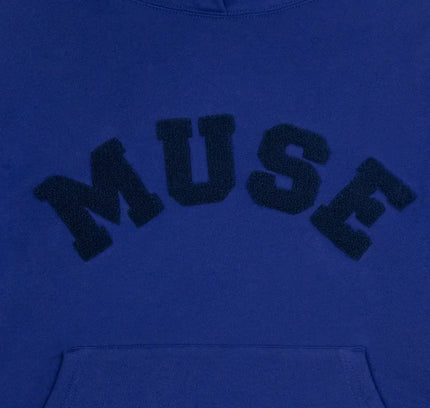 Royal blue Chenille Heavyweight Hoodie with MUSE text in navy lettering, a wardrobe essential