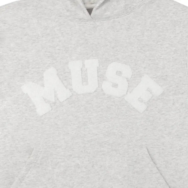 Light gray heavyweight chenille hoodie featuring MUSE text across the chest