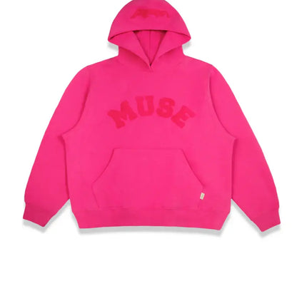 Hot pink Chenille Heavyweight Hoodie with MUSE text graphic across the chest