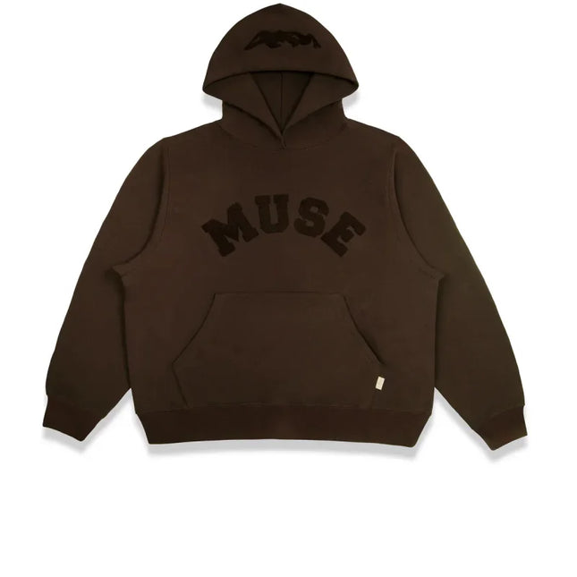 Brown Heavyweight Chenille Hoodie featuring MUSE text, a wardrobe essential for style