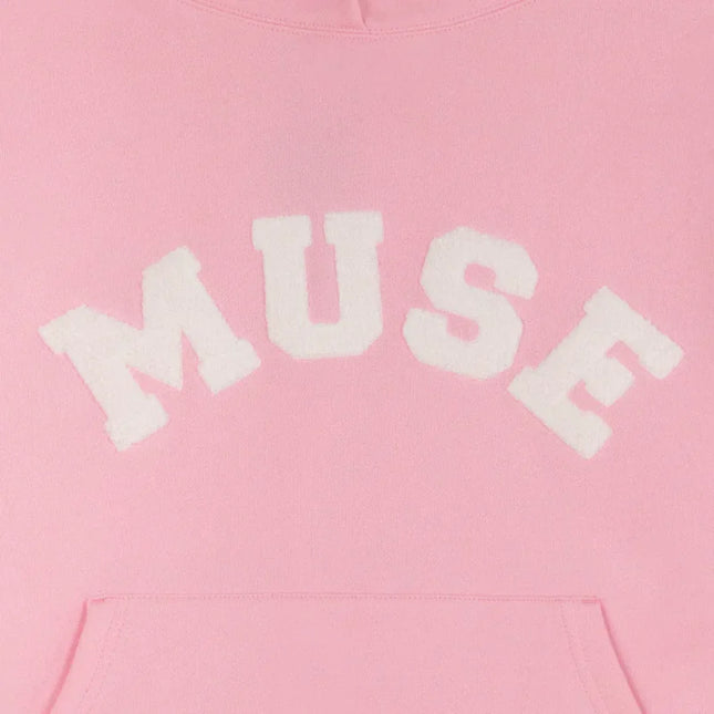 Pink Heavyweight Chenille Hoodie featuring white MUSE text - a wardrobe essential