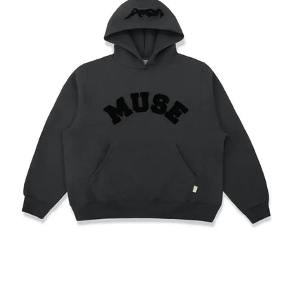 Black Heavyweight Chenille Hoodie featuring MUSE text across the chest