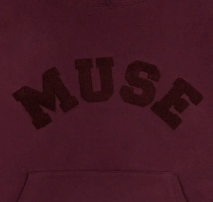 Burgundy chenille heavyweight hoodie with MUSE text, a stylish wardrobe essential