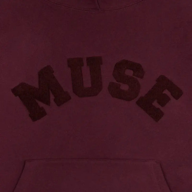 Burgundy chenille heavyweight hoodie with MUSE text, a stylish wardrobe essential