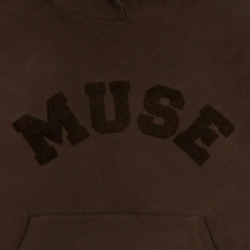 Brown heavyweight chenille hoodie with MUSE text, a stylish wardrobe essential