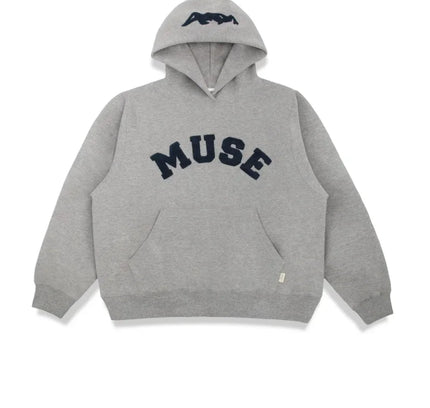 Grey fleece hooded sweatshirt with MUSE embroidery, chenille heavyweight hoodie style