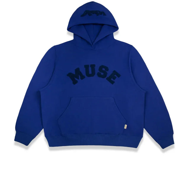 Royal blue chenille heavyweight hoodie sweatshirt with MUSE text across the chest