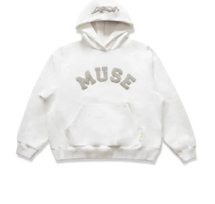 White heavyweight chenille hoodie featuring ’MUSE’ in gray lettering, sumptuously soft