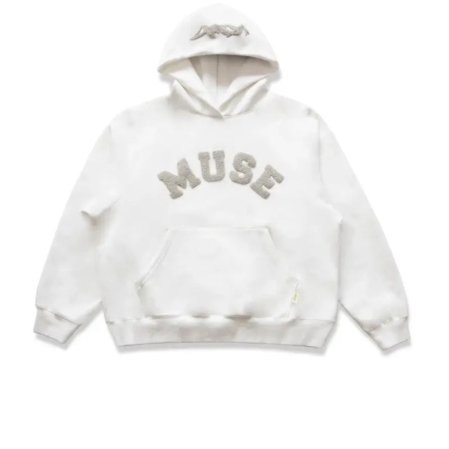 White heavyweight chenille hoodie featuring ’MUSE’ in gray lettering, sumptuously soft