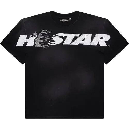 Black t-shirt featuring Hellstar Cartoon Logo with white flame graphic print