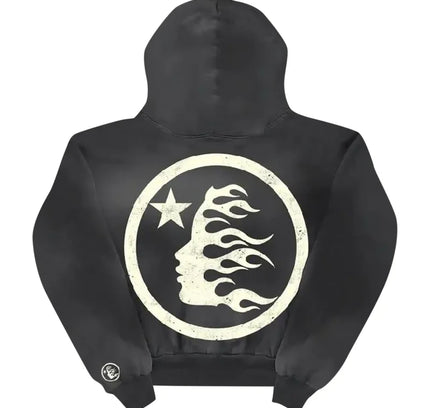 Black Hellstar Classic Hoodie with cream logo, Los Angeles style, custom milled fleece