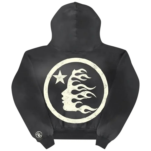 Black Hellstar Classic Hoodie with cream logo, Los Angeles style, custom milled fleece