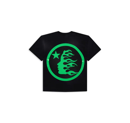 Hellstar Classic T-Shirt with bright green graphic of stylized face and flames