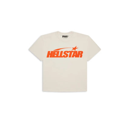 Off-white Hellstar Classic T-Shirt with orange shooting star graphic and short sleeves