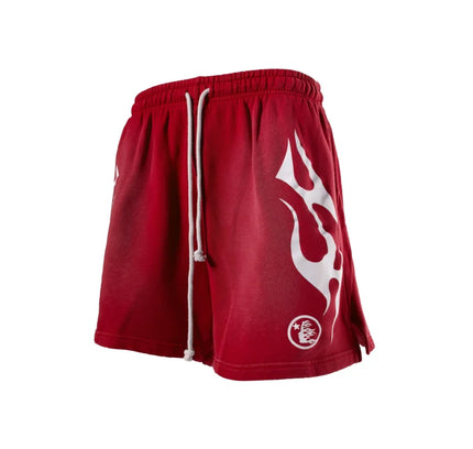 Red athletic shorts with white flame design, Hellstar Flame Shorts for activewear