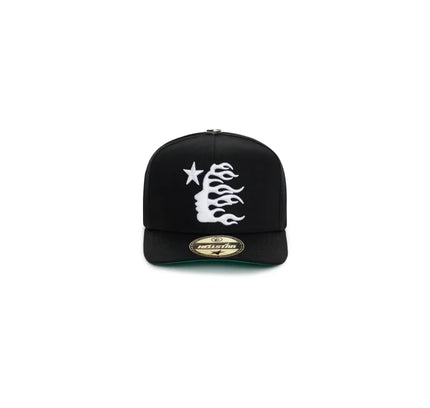 Black cap with white graphic from HELLSTAR OG LOGO SNAPBACK HAT featuring Nike Dunk style