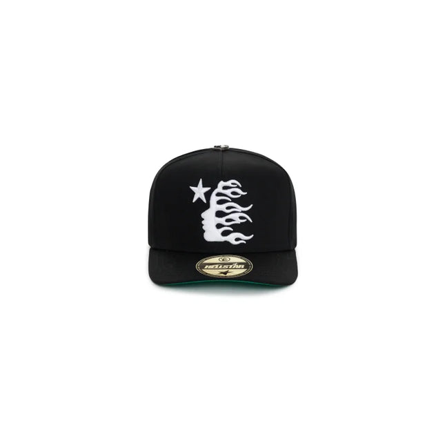 Black cap with white graphic from HELLSTAR OG LOGO SNAPBACK HAT featuring Nike Dunk style