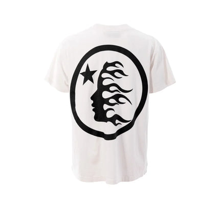 White Hellstar Sports Classic T-Shirt with black face flames graphic, perfect for Nike Dunk or Jordan 4 fans