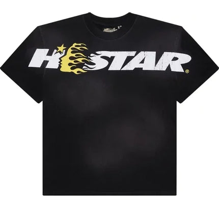 Black Hellstar Studios Cartoon Logo T-shirt with HOSTAR logo and yellow flame graphics