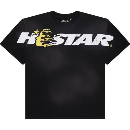 Black Hellstar Studios Cartoon Logo T-shirt with HOSTAR logo and yellow flame graphics