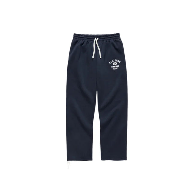 Navy blue JJJJound J80 Sweatpants feature a drawstring waist and printed logo