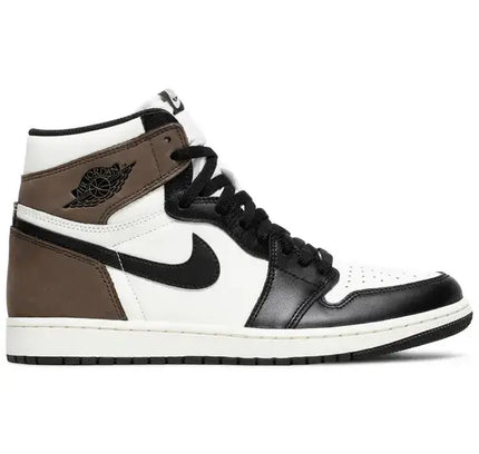 Air Jordan 1 High Dark Mocha sneaker in white, black, and brown colorway