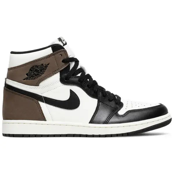 Air Jordan 1 High Dark Mocha sneaker in white, black, and brown colorway