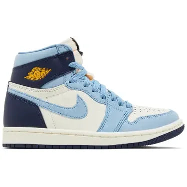 Light blue cream and navy Nike Dunk High-Top sneaker with white sole for women