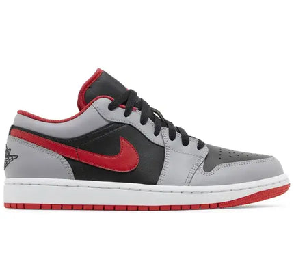 Gray, black, and red athletic shoe featuring a toe box in the Jordan 1 Low Black Light Smoke Grey Gym Red