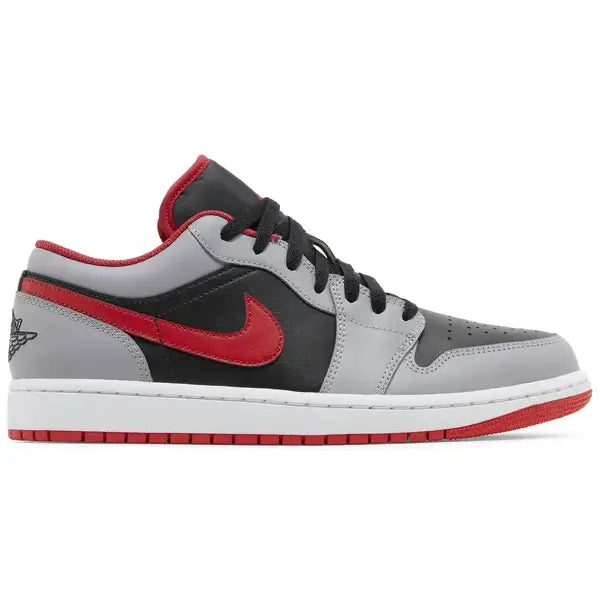 Gray, black, and red athletic shoe featuring a toe box in the Jordan 1 Low Black Light Smoke Grey Gym Red