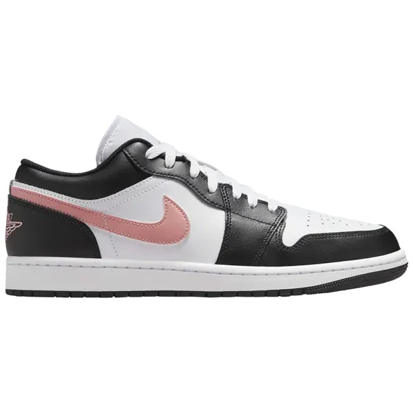 Jordan 1 Low Black Rust Pink sneaker with black toe and heel, pink Nike Swoosh