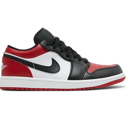 Nike Air Jordan 1 Low Bred Toe sneaker in red, white, and black colorway showcases distinctive style