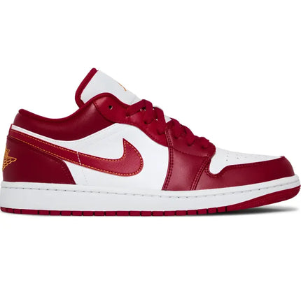 Red and white Nike Air Jordan 1 Low Cardinal Red sneaker with red leather accents