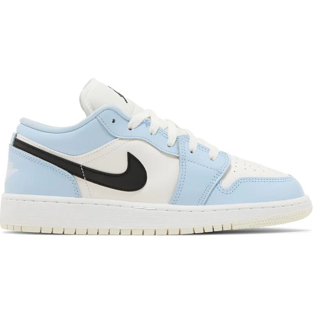 Light blue and white Nike Air Jordan 1 Low Ice Blue Black sneaker with black swoosh